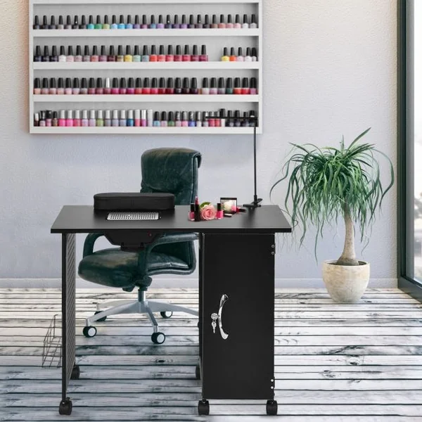 Table de Manucure Professionnelle avec 5 Tiroirs Amovibles 6 Roues Bureau d’Esthéticienne Ongles Ventilée avec Lampe Casier Réglable Station de Travail 90 x 43 x 74 cm Noir