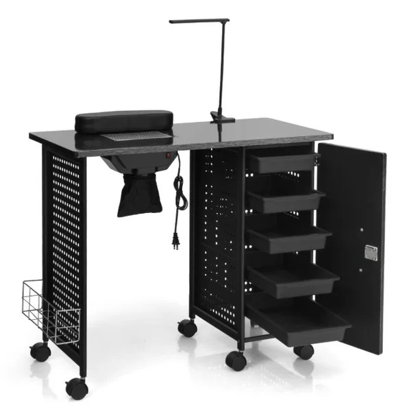 Table de Manucure Professionnelle avec 5 Tiroirs Amovibles 6 Roues Bureau d’Esthéticienne Ongles Ventilée avec Lampe Casier Réglable Station de Travail 90 x 43 x 74 cm Noir