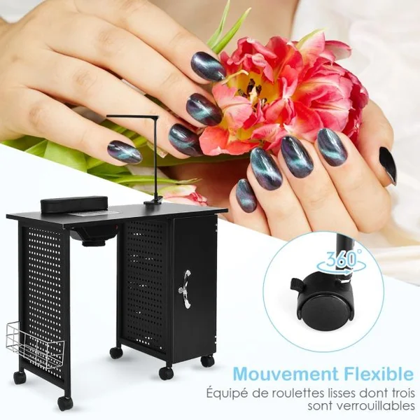 Table de Manucure Professionnelle avec 5 Tiroirs Amovibles 6 Roues Bureau d’Esthéticienne Ongles Ventilée avec Lampe Casier Réglable Station de Travail 90 x 43 x 74 cm Noir