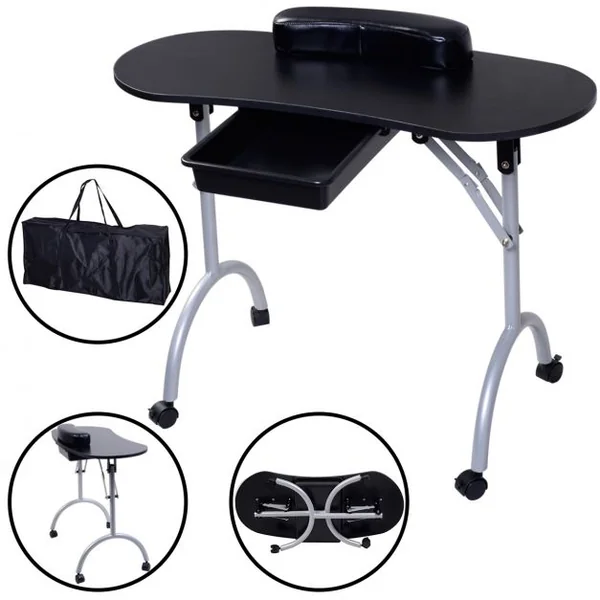 Table de Manucure Professionnelle Pliante Table de Travail à Roulettes avec Tiroir Roues et Sac de Transport pour Manucure 90 x 37 x 70 cm Noir
