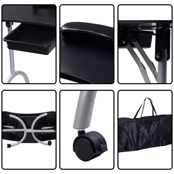 Table de Manucure Professionnelle Pliante Table de Travail à Roulettes avec Tiroir Roues et Sac de Transport pour Manucure 90 x 37 x 70 cm Noir