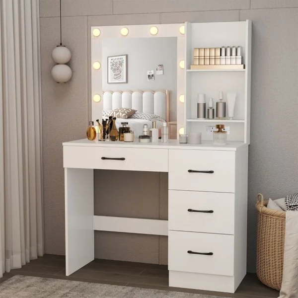 Table de Maquillage avec Miroir et Lumières Coiffeuse avec Station de Charge Lumières LED 3 Couleurs Porte-Sèche-Cheveux Blanc