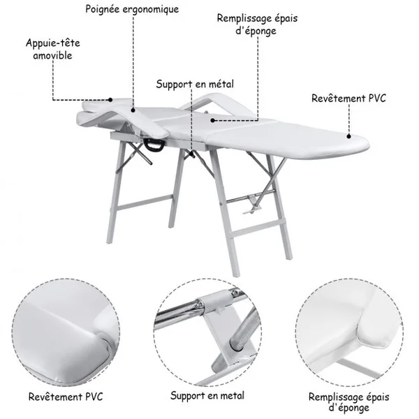 Table de massage pliante 3 zones Lit de massage pour cosmétique Appuie-tête Accoudoirs Portable 182x77,5x68cm Blanc