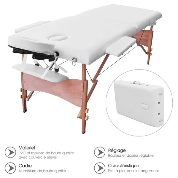 Table de massage pliante professionnel Lit de massage ergonomique, Portable, avec accessoires, 184x69x58.5-87.5cm, Blanc
