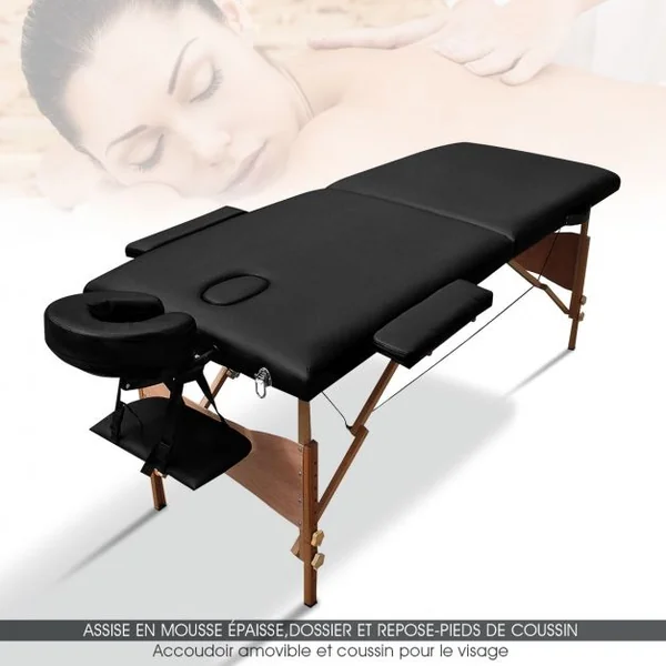 Table de massage pliante professionnel Lit de massage ergonomique, Portable, avec accessoires, 184x69x58.5-87.5cm, Noir