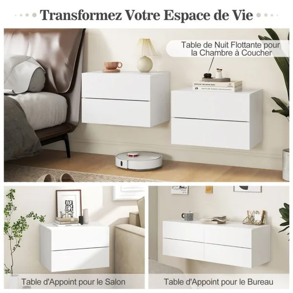 Table de Nuit Flottante avec Tiroirs Table de Chevet Murale avec Rangement Étagère de Chambre Flottante Moderne Gris/Blanc