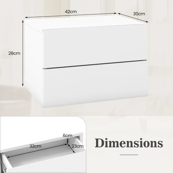Table de Nuit Flottante avec Tiroirs Table de Chevet Murale avec Rangement Étagère de Chambre Flottante Moderne Gris/Blanc