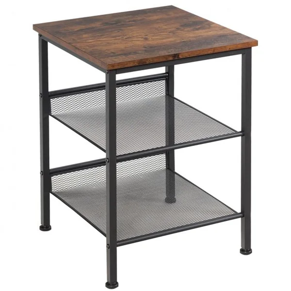 Table de Nuit Table de Chevet Industrielle à 3 niveaux 2 Etagères Réglables Marron+Noir