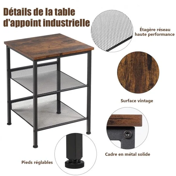 Table de Nuit Table de Chevet Industrielle à 3 niveaux 2 Etagères Réglables Marron+Noir