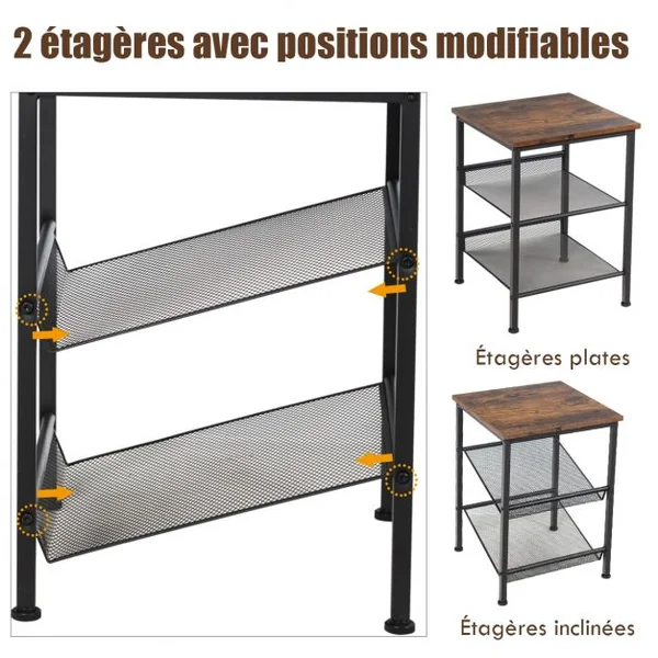 Table de Nuit Table de Chevet Industrielle à 3 niveaux 2 Etagères Réglables Marron+Noir