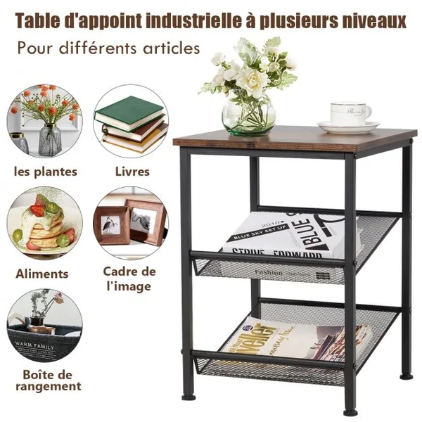 Table de Nuit Table de Chevet Industrielle à 3 niveaux 2 Etagères Réglables Marron+Noir