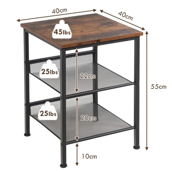 Table de Nuit Table de Chevet Industrielle à 3 niveaux 2 Etagères Réglables Marron+Noir