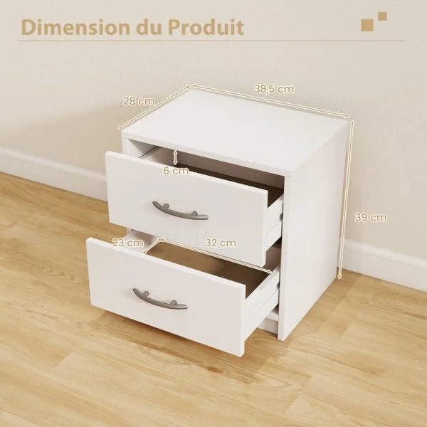 Table de Nuit à 2 Tiroirs avec Rangement Petite Table de Nuit de Sol Table d'Appoint en Bois Chêne/Blanc