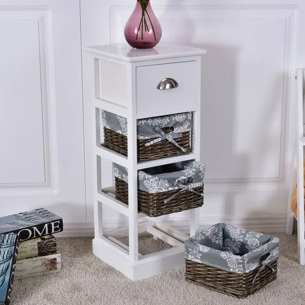 Table de nuit à tiroirs en panier Table de chevet en bois étroite Etagère compacte, 3 tiroirs, 30 x 30 x 76 cm, Blanc