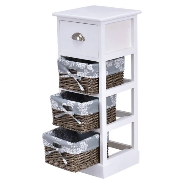 Table de nuit à tiroirs en panier Table de chevet en bois étroite Etagère compacte, 3 tiroirs, 30 x 30 x 76 cm, Blanc