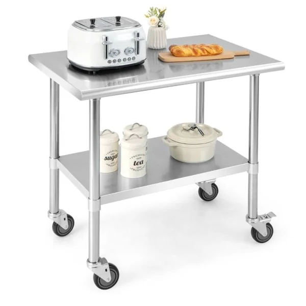 Table de Préparation à Roulettes Desserte de Cuisine 2 Niveaux en Acier Inox&Acier Galvanisé 915x61x885cm Argenté