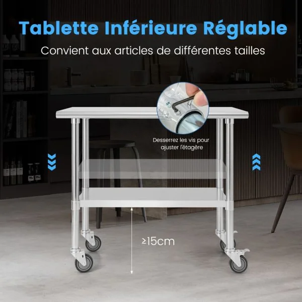 Table de Préparation à Roulettes Desserte de Cuisine 2 Niveaux en Acier Inox&Acier Galvanisé 915x61x885cm Argenté