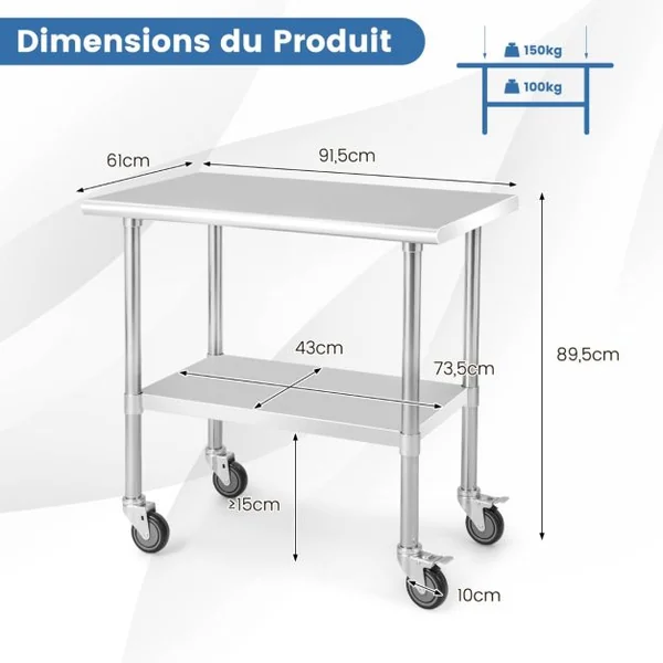 Table de Préparation à Roulettes Desserte de Cuisine 2 Niveaux en Acier Inox&Acier Galvanisé 915x61x885cm Argenté