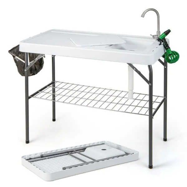 Table de Pêche Pliante avec Robinet Rotatif 360° Table Camping Portable pour Nettoyage Poisson en Acier&HDPE avec Évier et Support de Grille Charge 150KG