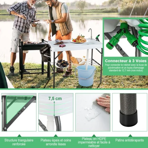 Table de Pêche Pliante avec Robinet Rotatif 360° Table Camping Portable pour Nettoyage Poisson en Acier&HDPE avec Évier et Support de Grille Charge 150KG