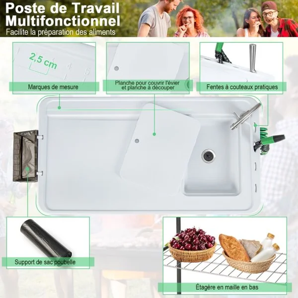 Table de Pêche Pliante avec Robinet Rotatif 360° Table Camping Portable pour Nettoyage Poisson en Acier&HDPE avec Évier et Support de Grille Charge 150KG