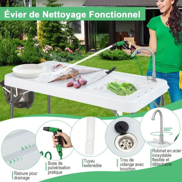Table de Pêche Pliante avec Robinet Rotatif 360° Table Camping Portable pour Nettoyage Poisson en Acier&HDPE avec Évier et Support de Grille Charge 150KG