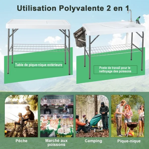 Table de Pêche Pliante avec Robinet Rotatif 360° Table Camping Portable pour Nettoyage Poisson en Acier&HDPE avec Évier et Support de Grille Charge 150KG