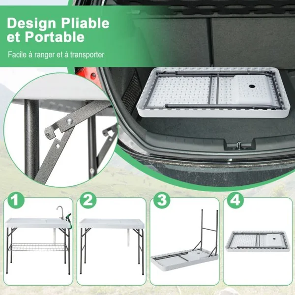 Table de Pêche Pliante avec Robinet Rotatif 360° Table Camping Portable pour Nettoyage Poisson en Acier&HDPE avec Évier et Support de Grille Charge 150KG