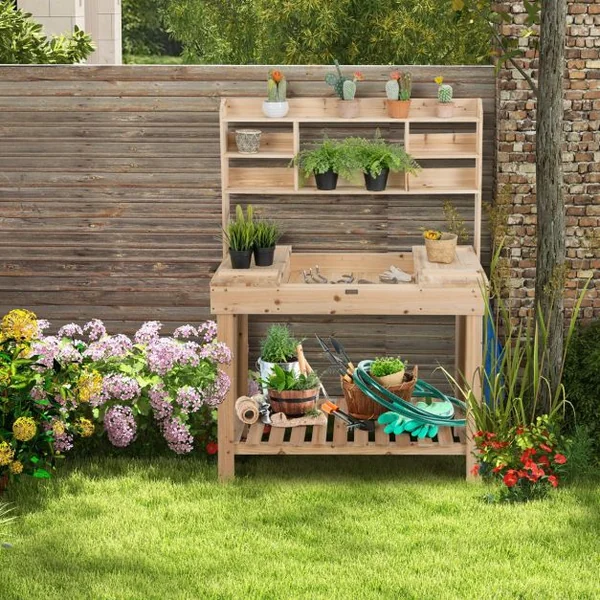 Table de Rempotage en Bois de Sapin avec Niveaux d'Étagères Table de Jardinage avec 3 Crochets et Table Ouvrable 108 x 50 cm Charge 150 kg