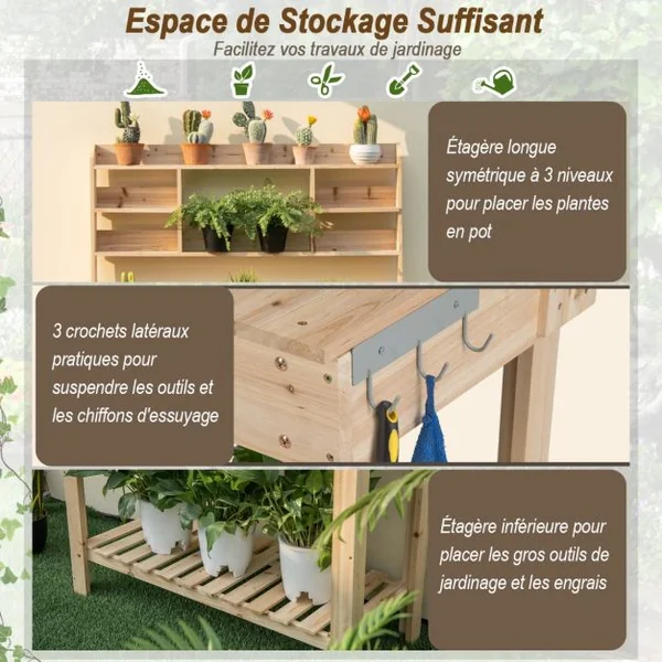 Table de Rempotage en Bois de Sapin avec Niveaux d'Étagères Table de Jardinage avec 3 Crochets et Table Ouvrable 108 x 50 cm Charge 150 kg