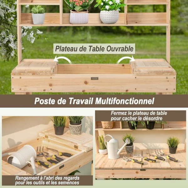 Table de Rempotage en Bois de Sapin avec Niveaux d'Étagères Table de Jardinage avec 3 Crochets et Table Ouvrable 108 x 50 cm Charge 150 kg