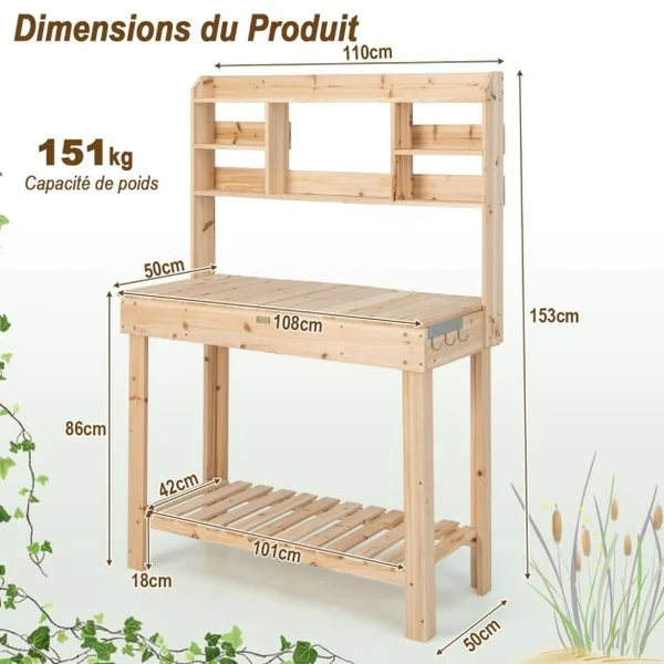 Table de Rempotage en Bois de Sapin avec Niveaux d'Étagères Table de Jardinage avec 3 Crochets et Table Ouvrable 108 x 50 cm Charge 150 kg