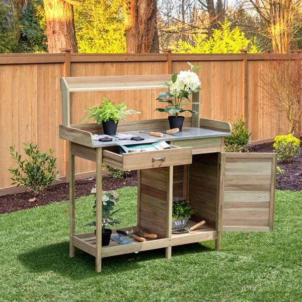Table de Rempotage en Bois de Sapin avec Tiroir Table de Jardinage avec Etagère Ouverte 3 Crochets et Table Ouvrable 112 x 45 Charge 50 kg