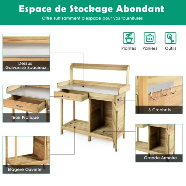 Table de Rempotage en Bois de Sapin avec Tiroir Table de Jardinage avec Etagère Ouverte 3 Crochets et Table Ouvrable 112 x 45 Charge 50 kg
