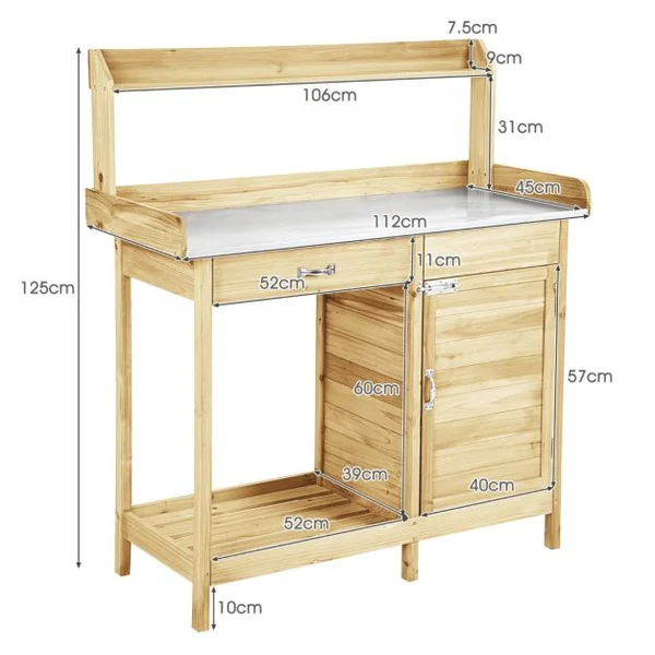 Table de Rempotage en Bois de Sapin avec Tiroir Table de Jardinage avec Etagère Ouverte 3 Crochets et Table Ouvrable 112 x 45 Charge 50 kg