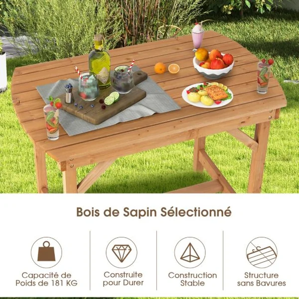 Table de Salle à Manger Extérieure en Bois de Sapin pour 4-6 Personnes pour Pelouse Jardin Intérieur Charge 180KG Naturel