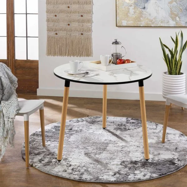 Table de Salle à Manger Ronde Φ 80cm Scandinave Plateau en Bois Motif en Faux Marbre 3 Pieds en Acier Antirouille pour Salon