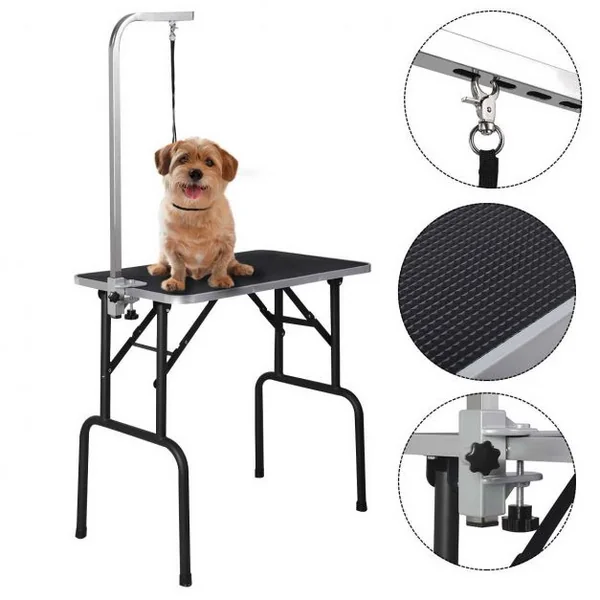 Table de toilettage pour animaux, en acier, bras réglable, portable, Câble-lasso, Capacité 100 kg, 80.5x46x76 cm, noir