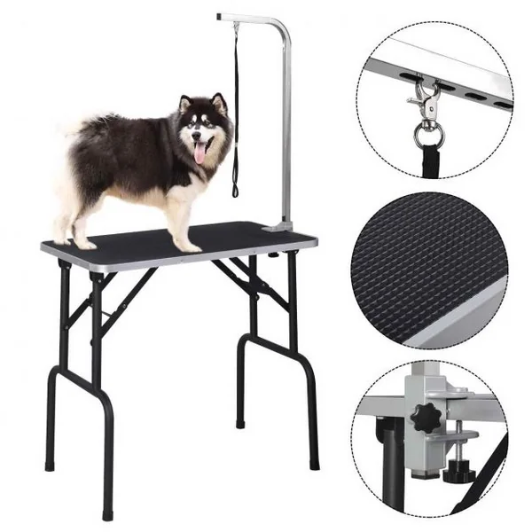 Table de toilettage pour animaux, en acier, bras réglable, portable, Câble-lasso, Capacité 100 kg, 80.5x46x76 cm, noir