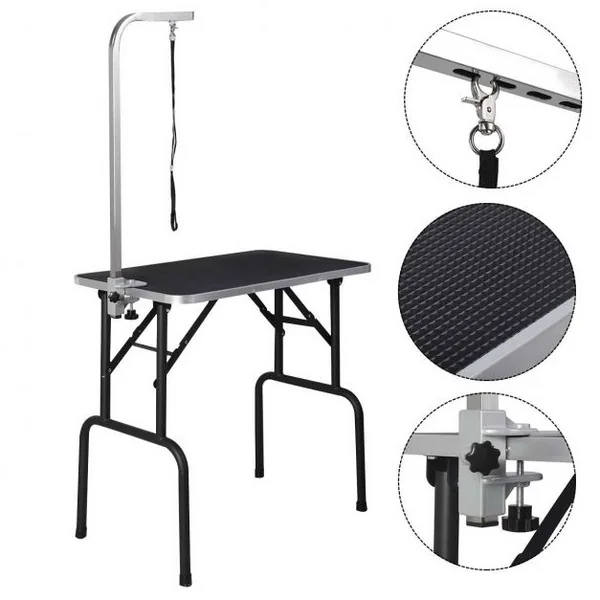 Table de toilettage pour animaux, en acier, bras réglable, portable, Câble-lasso, Capacité 100 kg, 80.5x46x76 cm, noir