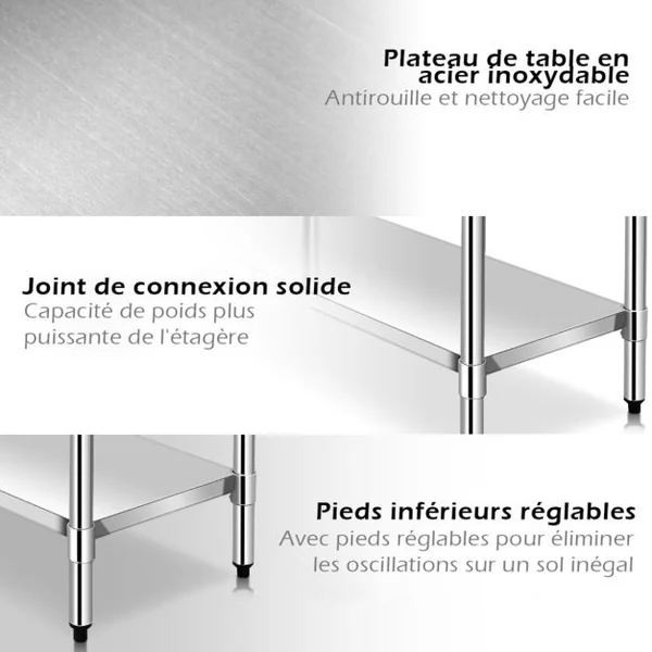 Table de Travail Cuisine 61 x 91,5 cm en Acier Inoxydable à 2 Niveaux Plateau Inférieure Réglable Charge 250 kg Argent