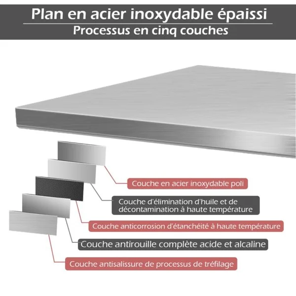 Table de Travail Cuisine 61 x 91,5 cm en Acier Inoxydable à 2 Niveaux Plateau Inférieure Réglable Charge 250 kg Argent