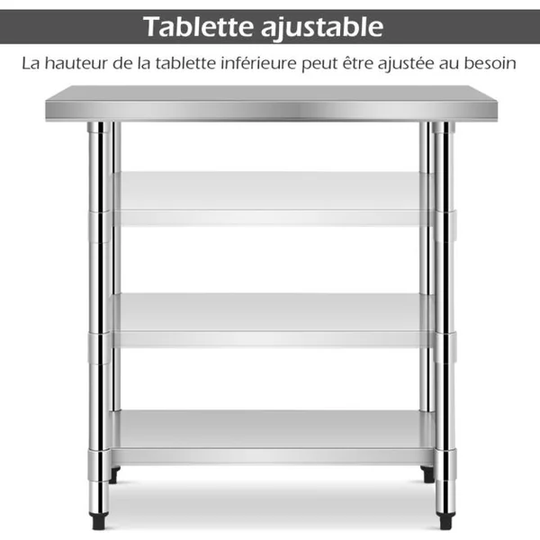 Table de Travail Cuisine 61 x 91,5 cm en Acier Inoxydable à 2 Niveaux Plateau Inférieure Réglable Charge 250 kg Argent