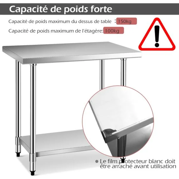 Table de Travail Cuisine 61 x 91,5 cm en Acier Inoxydable à 2 Niveaux Plateau Inférieure Réglable Charge 250 kg Argent
