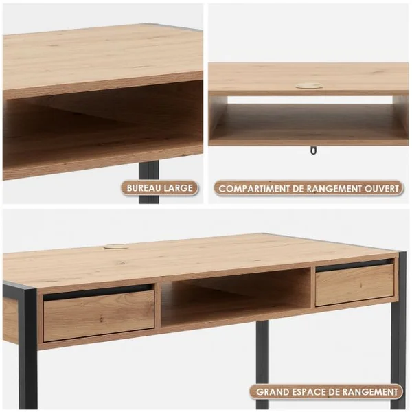 Table de Travail en Bois Bureau d'Ordinateur 2 Tiroirs 120 x 60 x 75cm Construction Robuste et Durable