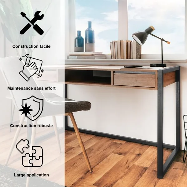Table de Travail en Bois Bureau d'Ordinateur 2 Tiroirs 120 x 60 x 75cm Construction Robuste et Durable