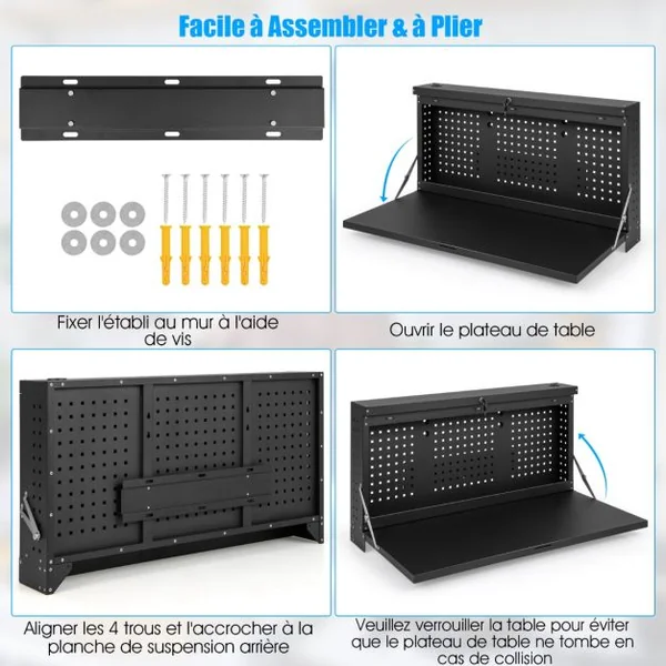 Table de Travail Murale Suspendue Pliante avec Panneau Perforé Organisateur d'Outils 2 en 1 avec Tablette Spacieuse 50x50x106 cm Charge 50 kg Noir