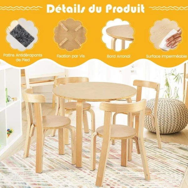 Table d'Enfant Ronde avec 4 Chaises Bois de Peuplier et Bois de Bouleau - Style Scandinave pour Enfants 4 Ans + Coloré/Naturel
