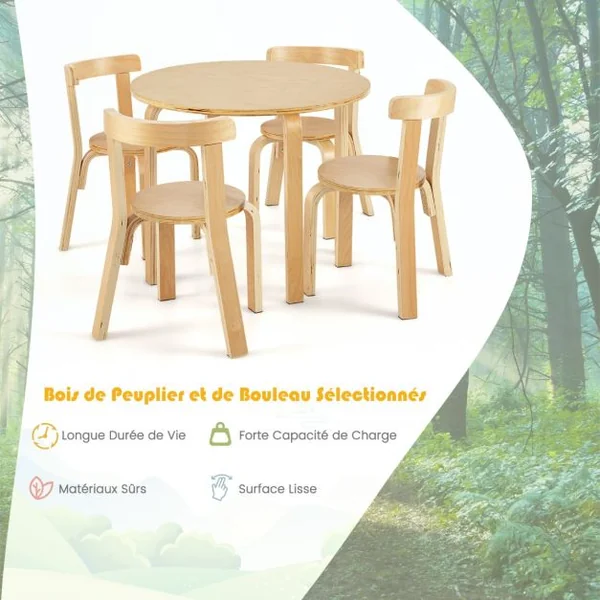 Table d'Enfant Ronde avec 4 Chaises Bois de Peuplier et Bois de Bouleau - Style Scandinave pour Enfants 4 Ans + Coloré/Naturel
