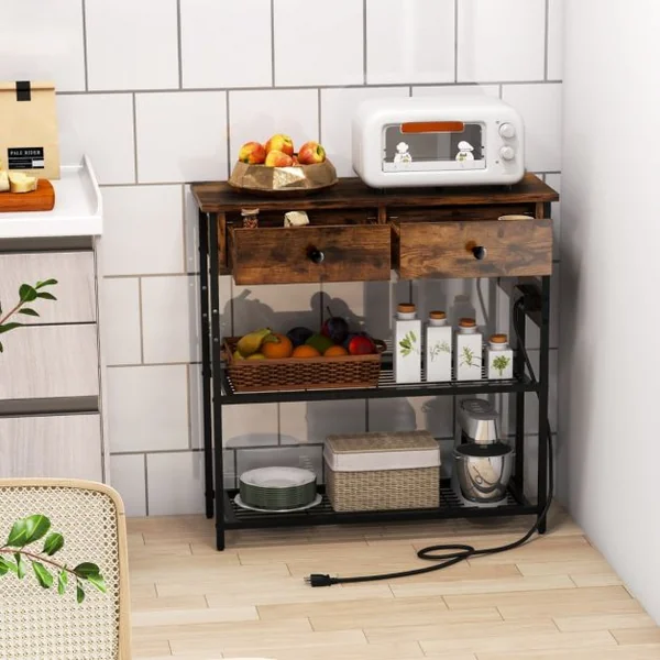 Table d'Entrée avec Station de Chargement Console Étroite avec 2 Tiroirs & 2 Étagères en Treillis Métallique Bois Rustique